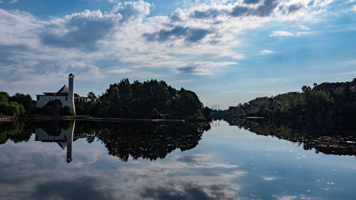 Reflection of trees in lake against sky