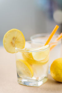 Close-up of lemon slices in glass