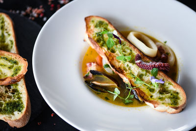 High angle view of food served in plate