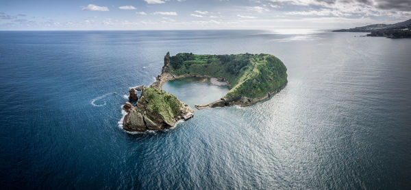 High angle view of rocks in sea against sky