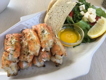 High angle view of seafood in plate on table