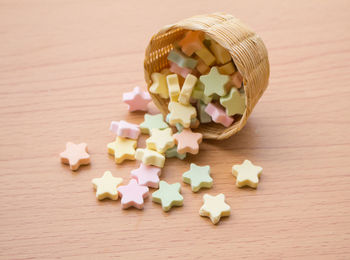 High angle view of candies on table