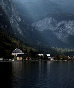 Scenic view of lake by buildings against mountains