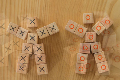 High angle view of toys on wooden floor