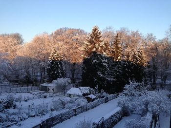 Scenic view of snow covered field against clear sky