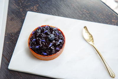 High angle view of dessert on table