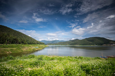 Scenic view of lake against cloudy sky