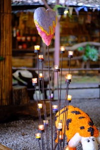 Close-up of illuminated candles against building