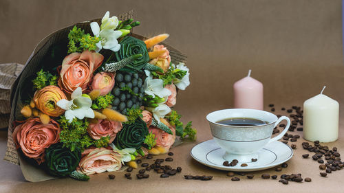 High angle view of coffee served on table