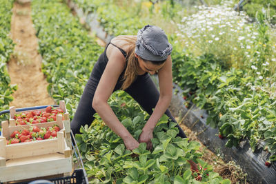 Full length of young woman standing by plants