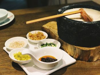 Close-up of served food on table