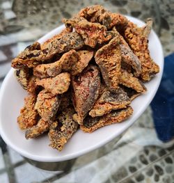 High angle view of meat in plate on table