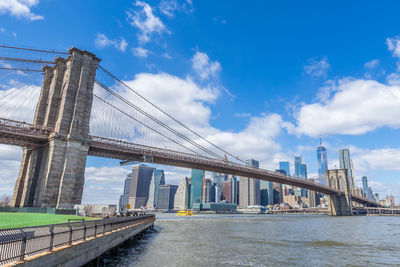 View of bridge over river against cloudy sky