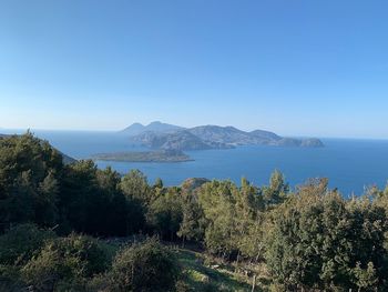 Scenic view of sea against clear blue sky