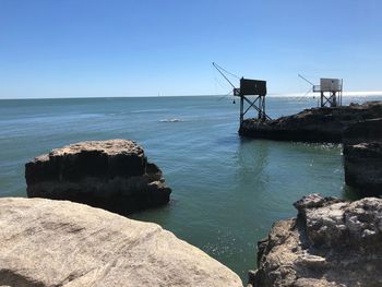 Scenic view of sea against clear blue sky