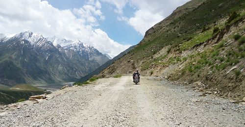 Rear view of man riding bicycle on road