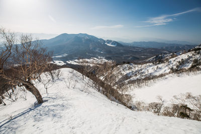 Scenic view of snow covered mountains against sky