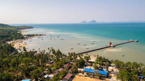 Aerial view of koh mook or muk island with pier.it is a small idyllic island in the andaman sea