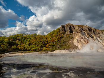 Scenic view of lake by mountain against sky