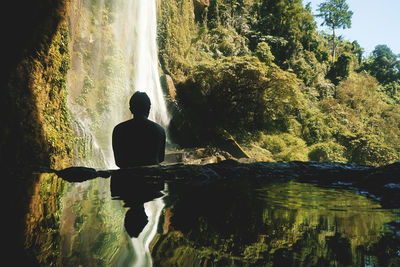 Rear view of man sitting on rock by river in forest