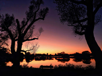 Silhouette tree by lake against sky during sunset