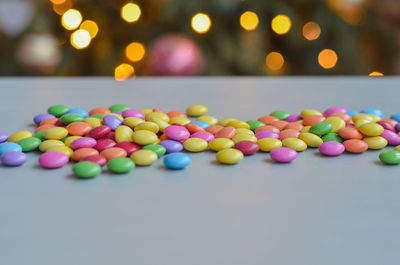 Close-up of colorful candies on table