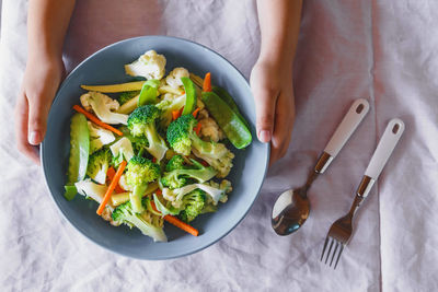 High angle view of food in bowl on table