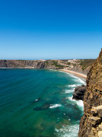 Scenic view of sea against clear blue sky