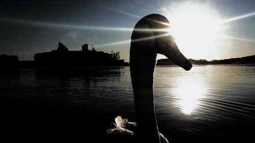 Silhouette man swimming in sea against sunset sky