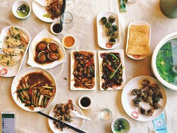 High angle view of food served on table