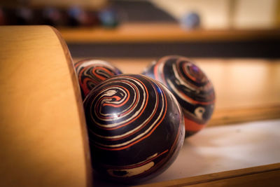 Close-up of bowling balls