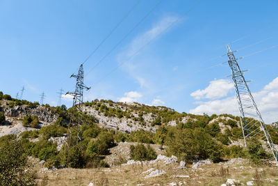 Low angle view of electricity pylon against sky