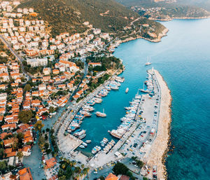 High angle view of city by sea