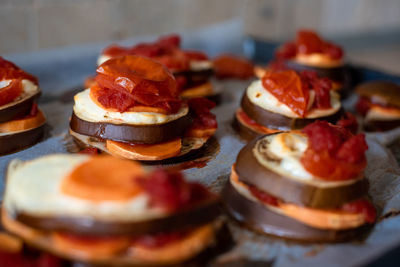 Close-up of dessert served on table