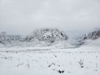 Scenic view of snow covered mountains against sky