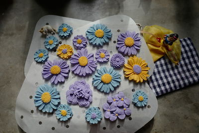 High angle view of purple flowers on table