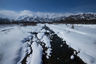 Snow covered mountains against sky