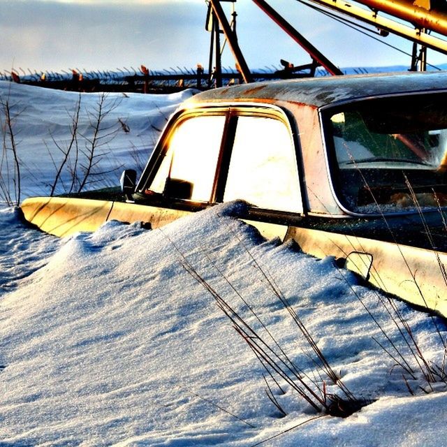 transportation, mode of transport, nautical vessel, boat, moored, water, reflection, sky, lake, snow, travel, cold temperature, winter, land vehicle, outdoors, nature, day, no people, season, sunlight