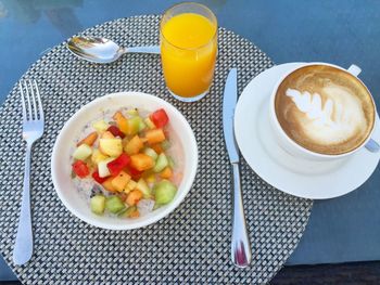 Directly above shot of breakfast served on table