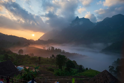 Panoramic view of mountains against sky during sunset