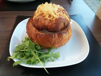 High angle view of breakfast in plate on table