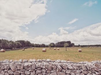 Hay bales on field against sky