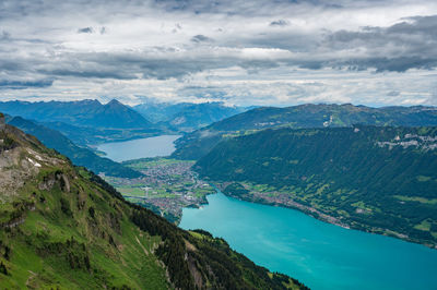 Scenic view of sea and mountains against sky