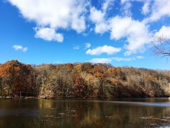 Reflection of trees in lake against cloudy sky