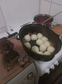 High angle view of eggs in bowl on table