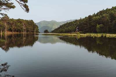 Scenic view of lake by trees against sky