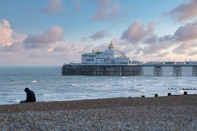 Isolated person sitting on pebbled beach in eastbourne with pier in background