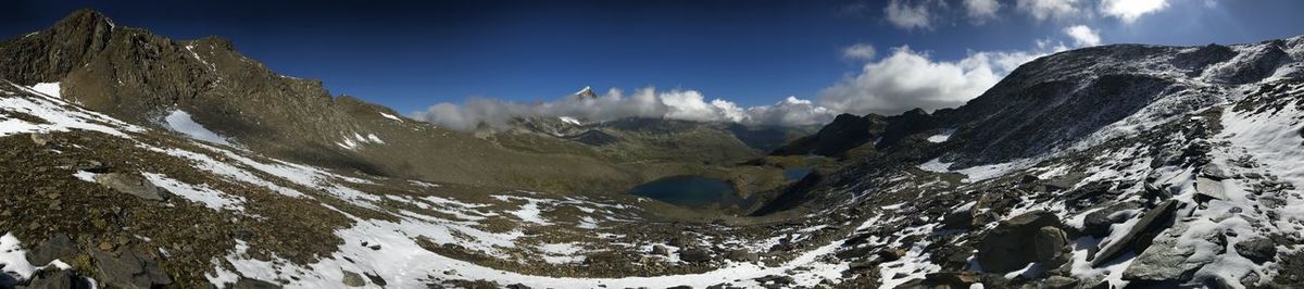 Panoramic view of snowcapped mountains against sky