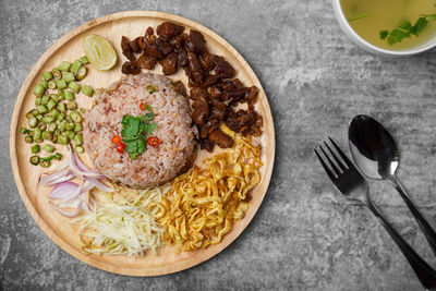 High angle view of meal served on table