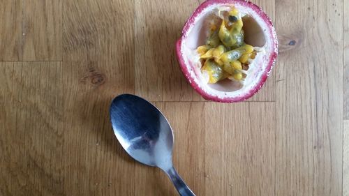 High angle view of fruits in bowl on table